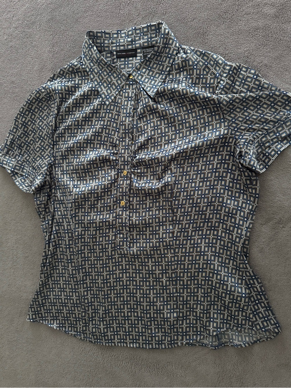 New York & Company Navy and Cream Geometric Short-Sleeve Blouse